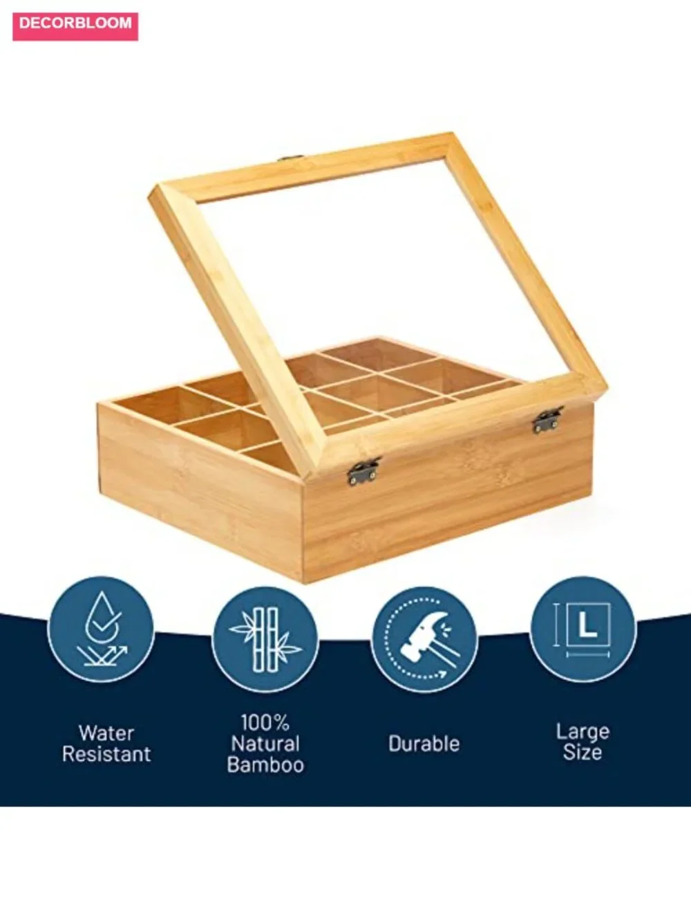 12-Compartment Natural Bamboo Tea Organizer with Acrylic Window